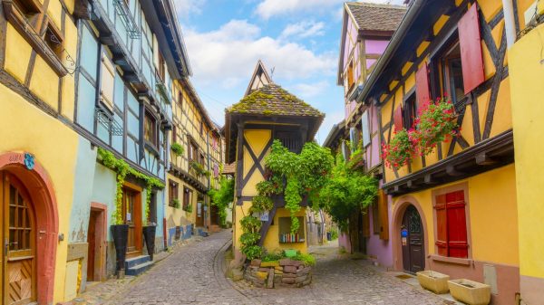 Eine der bunten und blumengeschmückten Straßen von Eguisheim