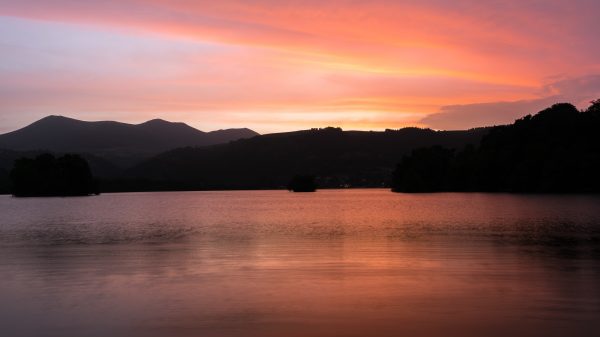 Sunset on the Chambon lake in the Puy de Dôme in Auvergne