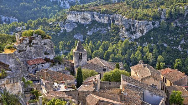 View of the village of Les Baux-de-Provence and the Alpilles mountains