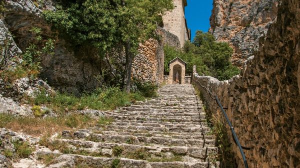 The grand stone staircase leading to the church