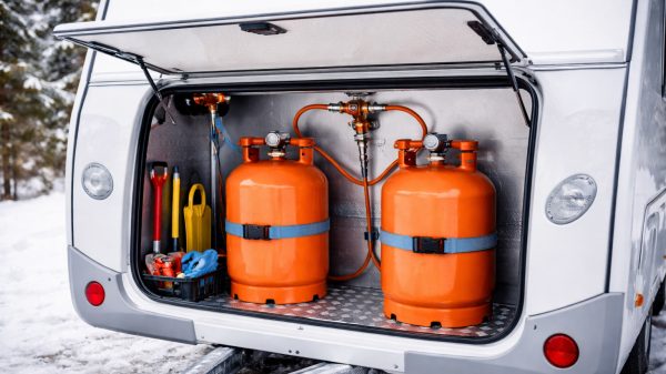 Caravan gas locker with propane bottles, suitable for winter camping