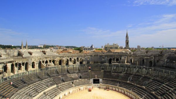 The interior of the Nîmes Amphitheatre, a former Roman amphitheatre 