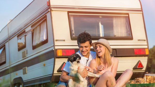 Jeune couple avec son chien en camping-car 
